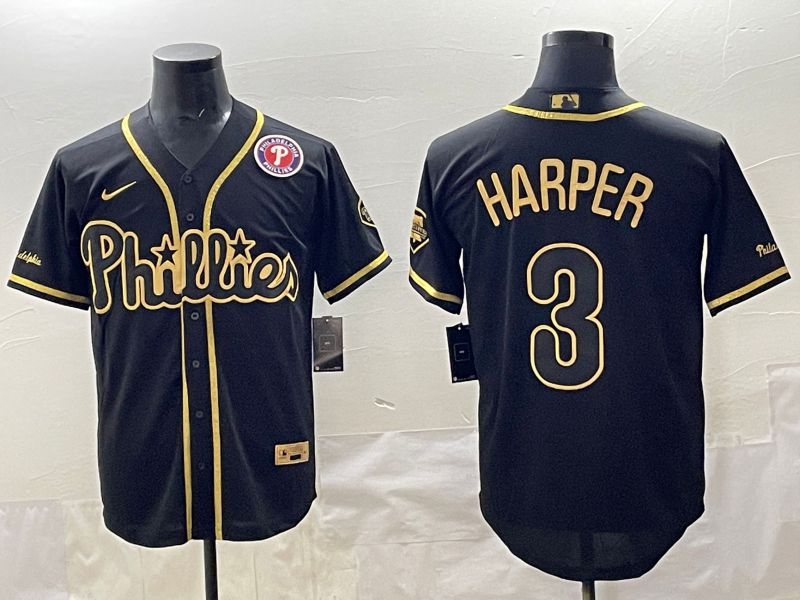 Men 2025 Philadelphia Phillies 3 Harper Black Gold Throwback Nike MLB Jersey style 005
